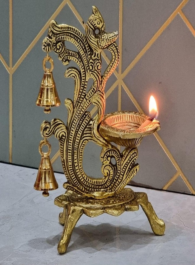 IMAGICART Metal Oxidised Peacock Diya for Puja Room/Home Temple Decor | Brass Antique Oil Lamp with Bell | Best Diwali, Wedding, Anniversary Return Gift | Gold (Set of 1) - Image 1